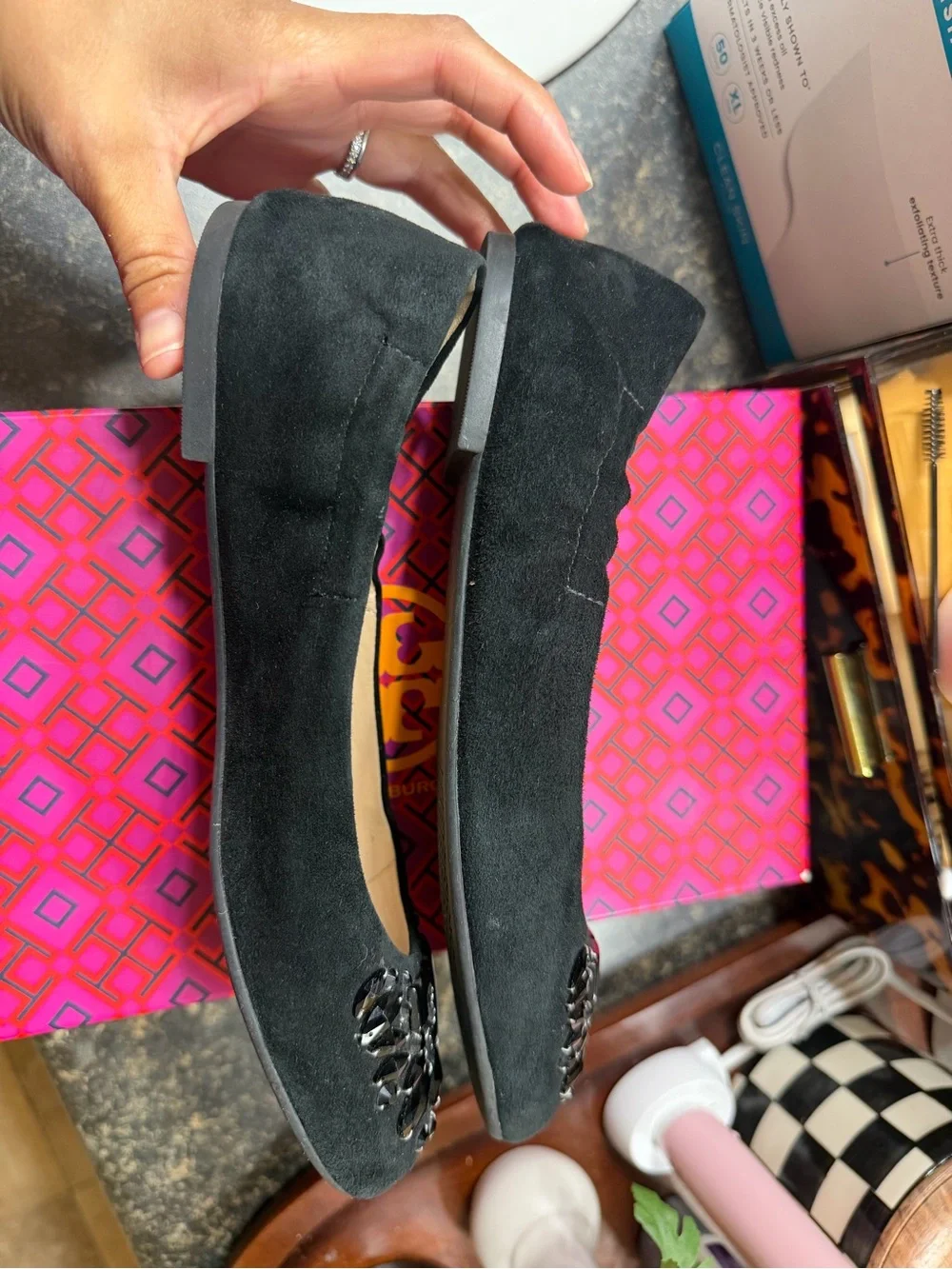Tory Burch Black Embellished Suede Ballet Flats - Picture 4 of 6